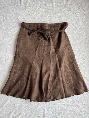 100% Linen Brown Tie-Waist Skirt